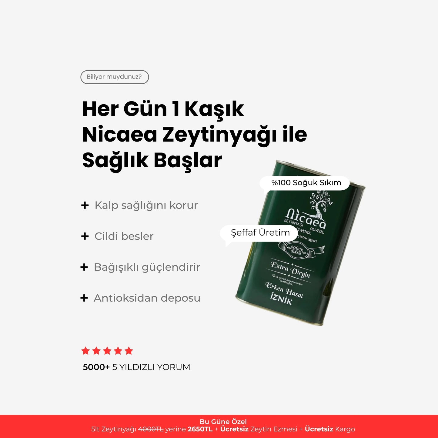 YENİ MAHSUL Erken Hasat Soğuk Sıkım Naturel Sızma Zeytinyağı - 5 Lt. 0,4 Asit - Nicaea Zeytinyağı