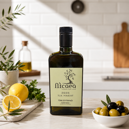 Nicaea Filtresiz İlk Hasat Zeytinyağı 500 ml – 2026 Hasadı, Soğuk Sıkım Cam Şişe