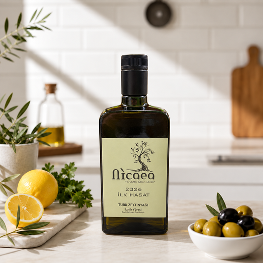 Nicaea Filtresiz İlk Hasat Zeytinyağı 500 ml – 2026 Hasadı, Soğuk Sıkım Cam Şişe