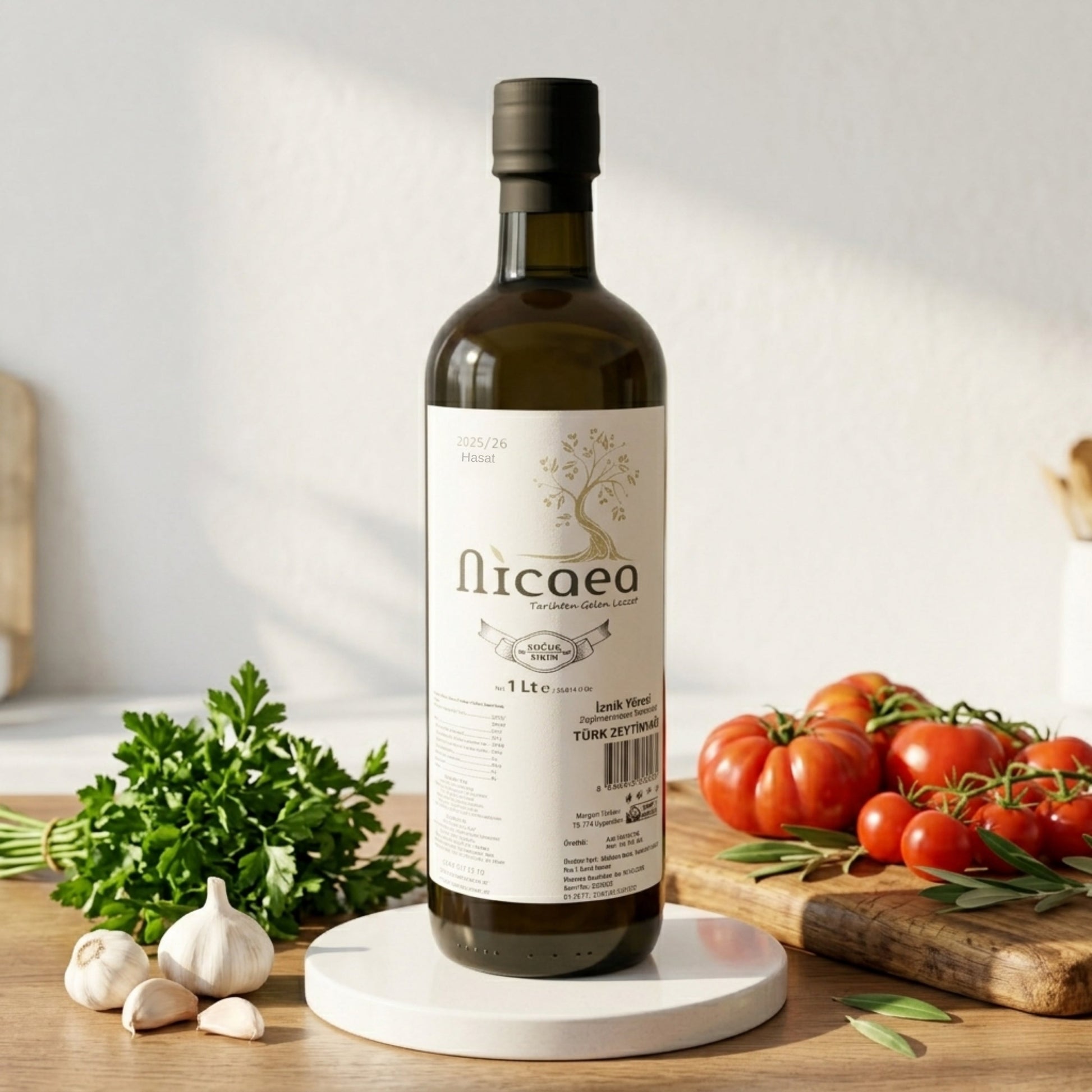 Yeni Mahsul Olgun Hasat Natürel Sızma Soğuk Sıkım Zeytinyağı 0,3 Asit - 1 Lt. Bottolio Şişe - Nicaea Zeytinyağı